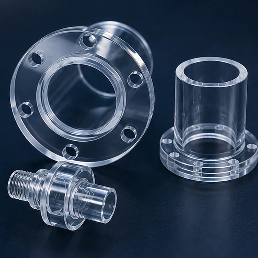 Machined fused quartz flange and fitting component
